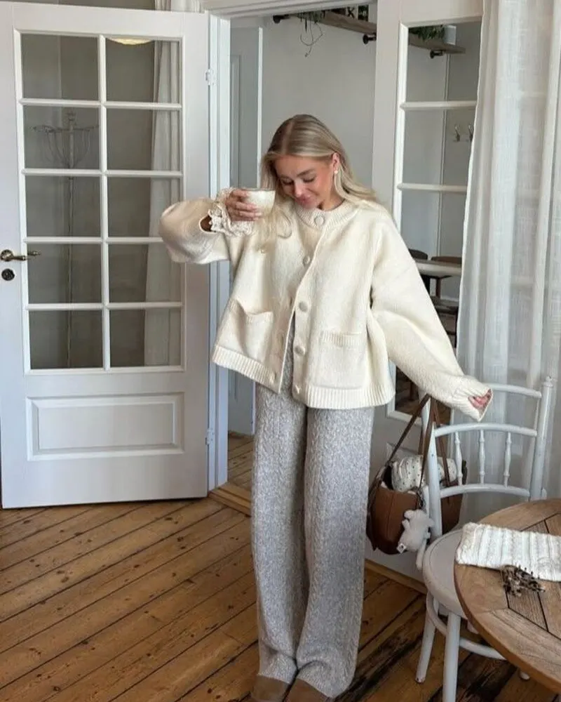 Ivory Cardigan With Gray Knit Trousers