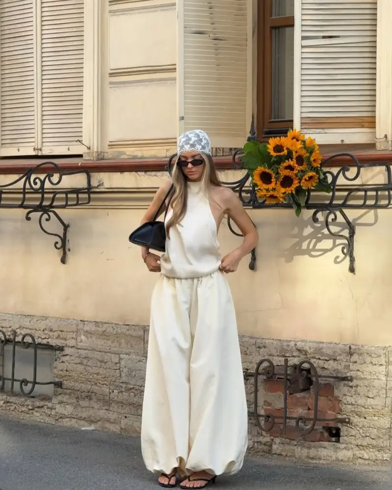  Ivory Halter Top & Wide-Leg Trousers