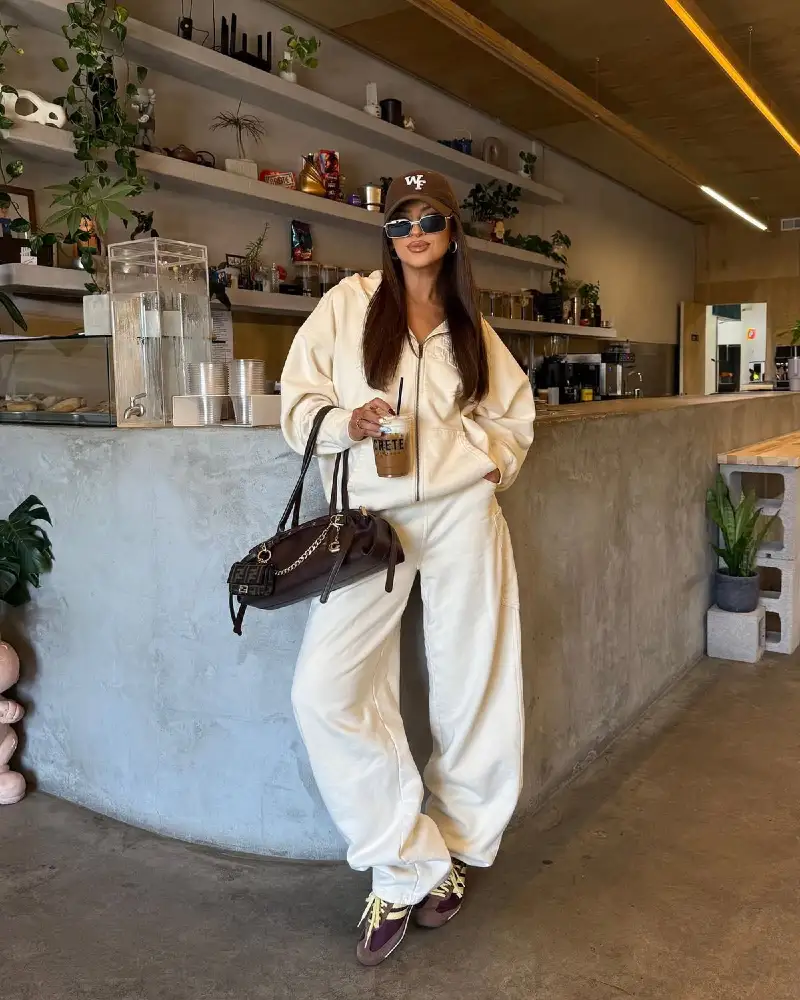 Ivory Zip Hoodie with Wide-Leg Sweats