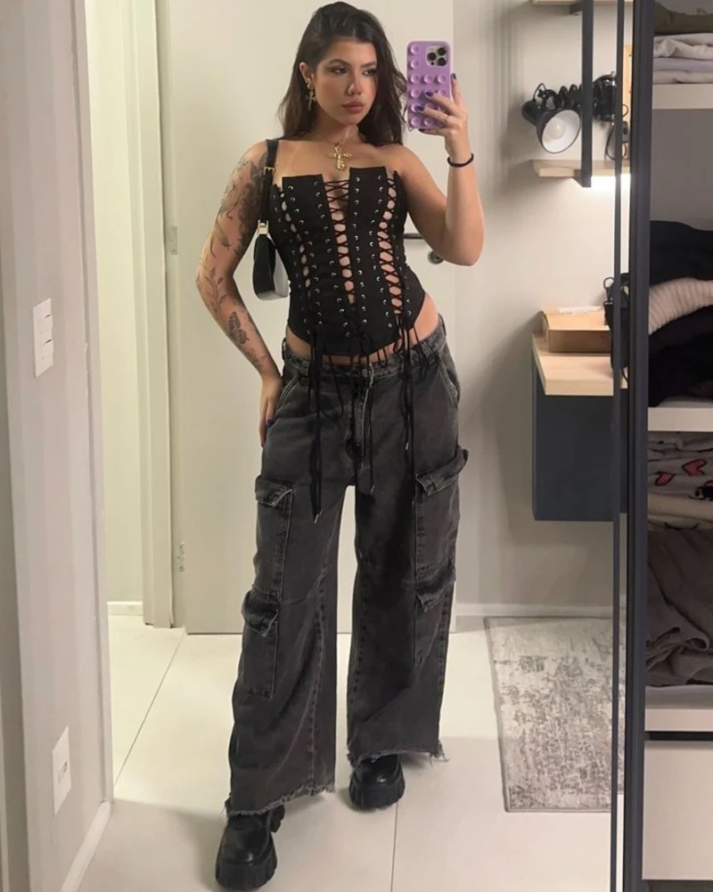 Lace-Up Corset With Wide Cargo Jeans