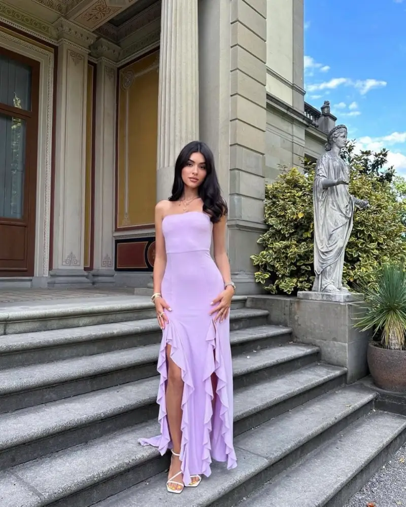  Lavender Ruffled Slit Gown