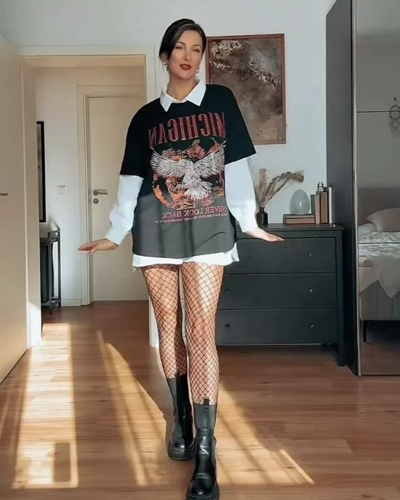  Layered Graphic Tee with Fishnet Tights