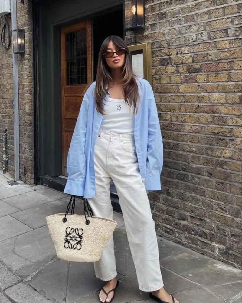 Layered Light Blue Shirt Over a White Tank