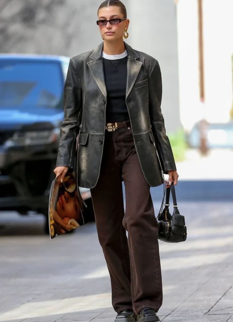 Leather Blazer With Chocolate-Brown Trousers