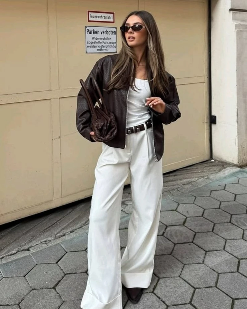 Leather Bomber + White Tank + White Trousers