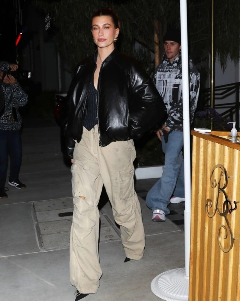 Leather Bomber With Cream Cargo Pants