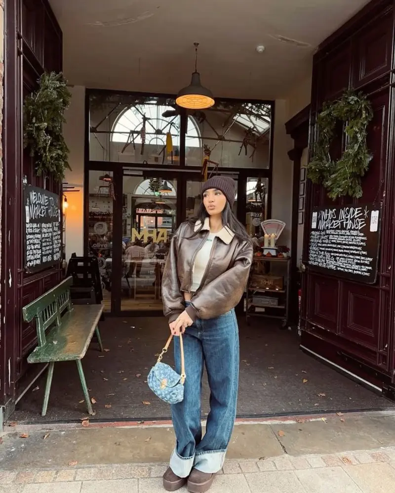 Leather Bomber with Wide-Leg Denim