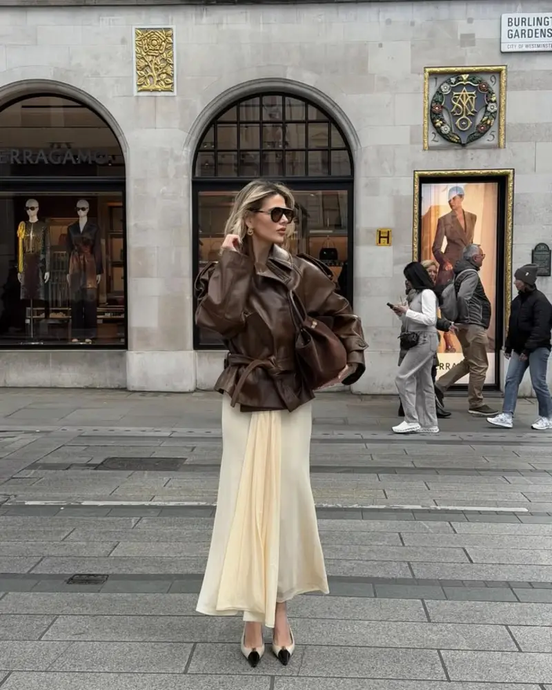 Leather Jacket + Bias-Cut Maxi Skirt