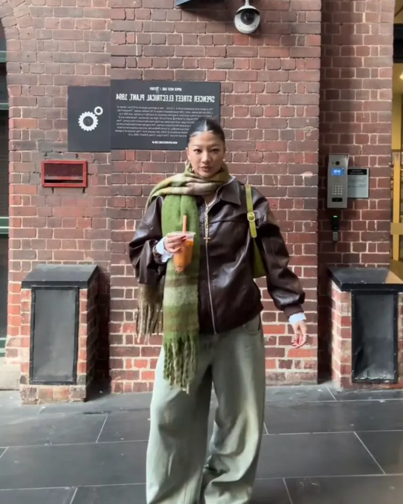 Leather Jacket, Plaid Scarf, and Baggy Cargo-Style Trousers