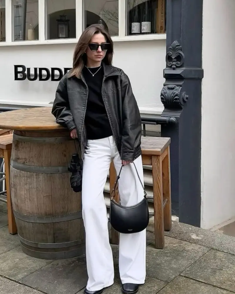 Leather Jacket & White Denim