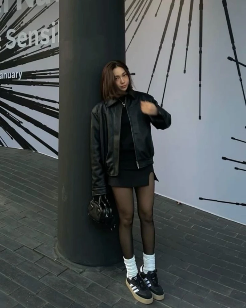 Leather Jacket with Cutout Top and Sheer Tights