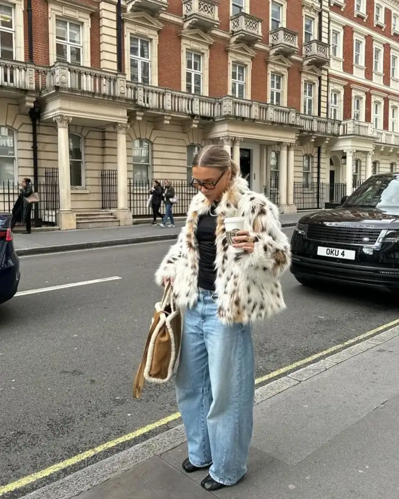 Leopard Print Fur & Wide-Leg Jeans