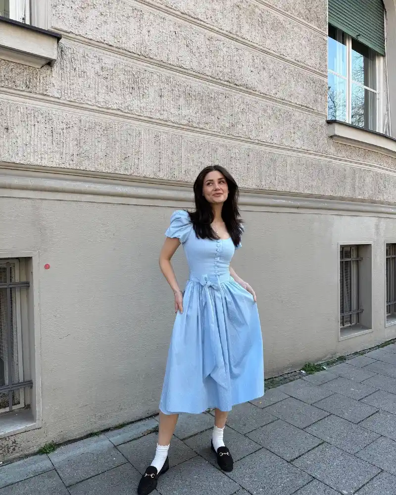 Light Blue Button-Front Dirndl Dress