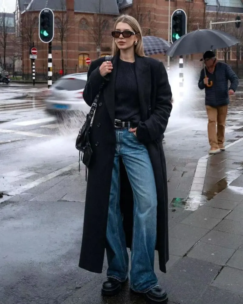 Long Black Coat + Belted Knit + Wide-Leg Jeans + Lug Boots