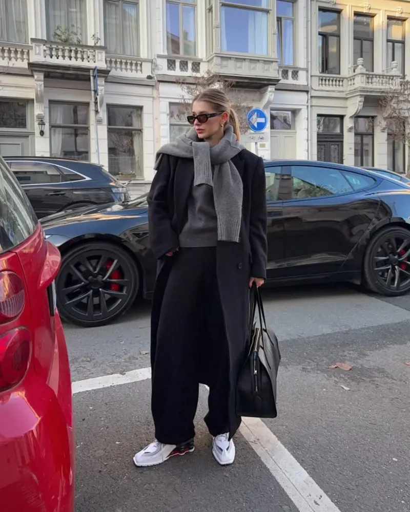 Long Black Coat + Grey Scarf + Chunky Sneakers
