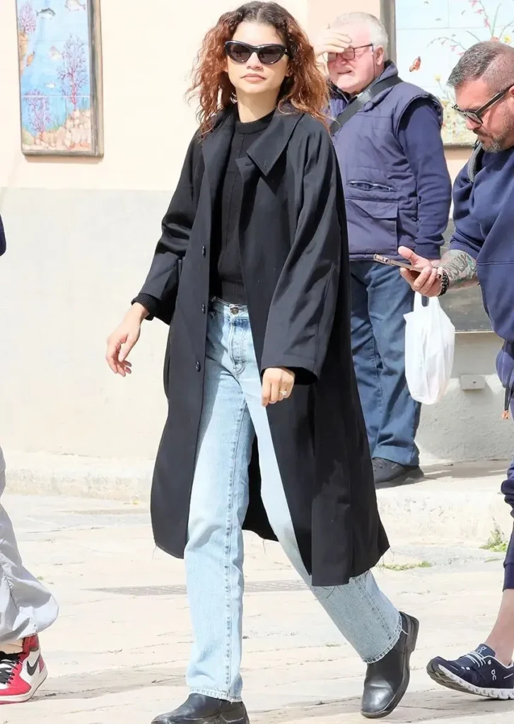 Long Black Coat With Faded Denim