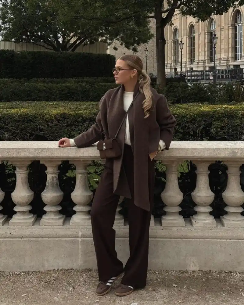 Long Brown Coat + Scarf + Two-Tone Sneakers