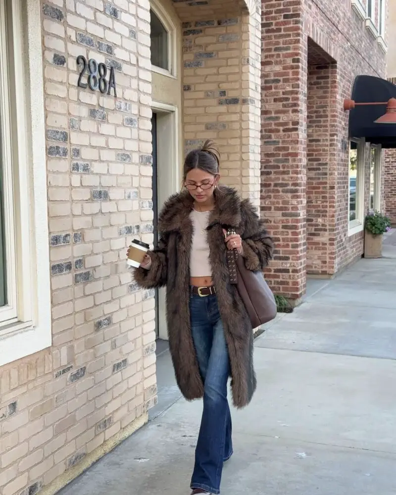 Long Fur Coat & Flared Jeans