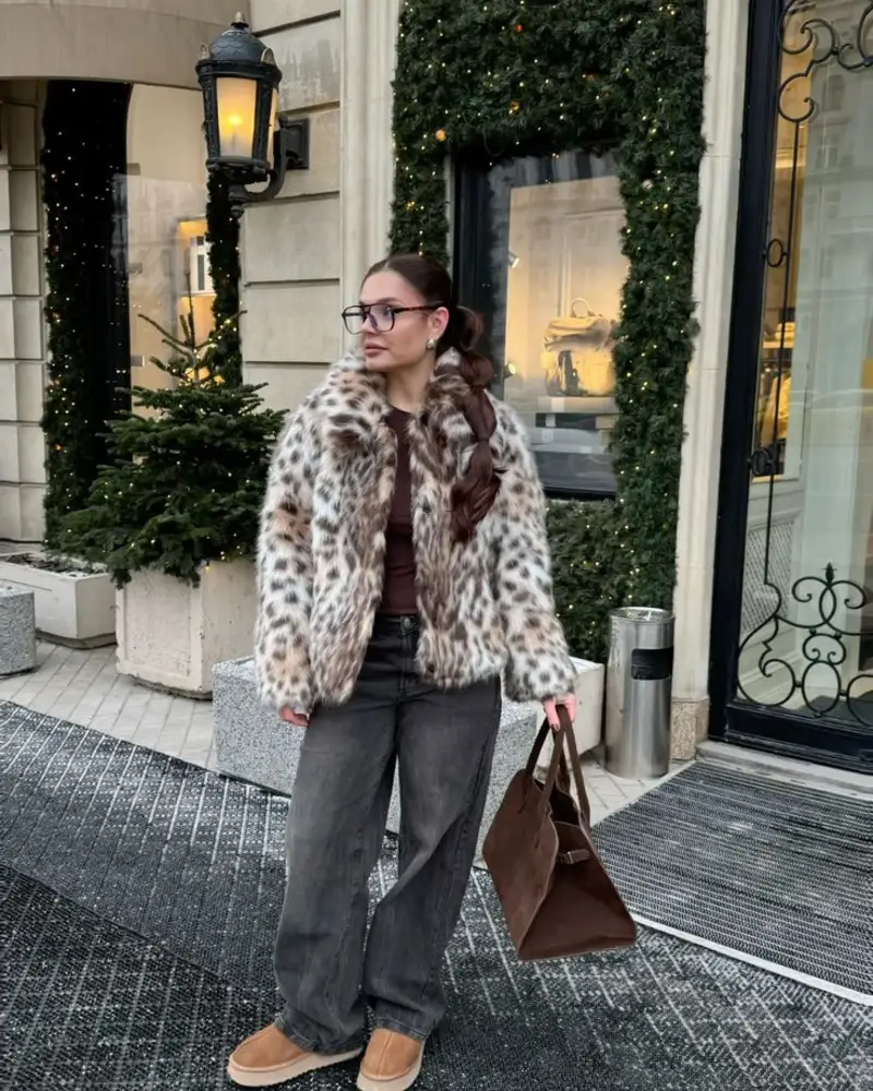 Lynx Print Jacket & Brown Suede Bag