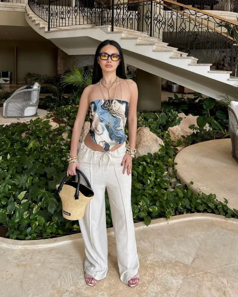Marbled Bodysuit & Ivory Linen Trousers