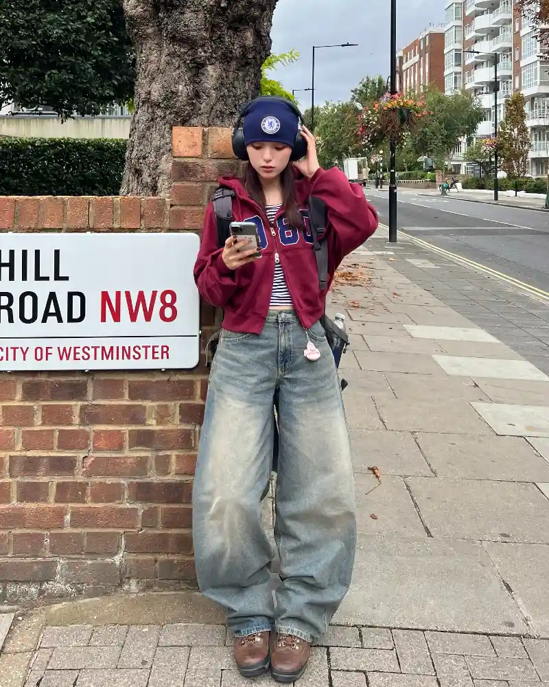 Maroon Hoodie & Wide Jeans
