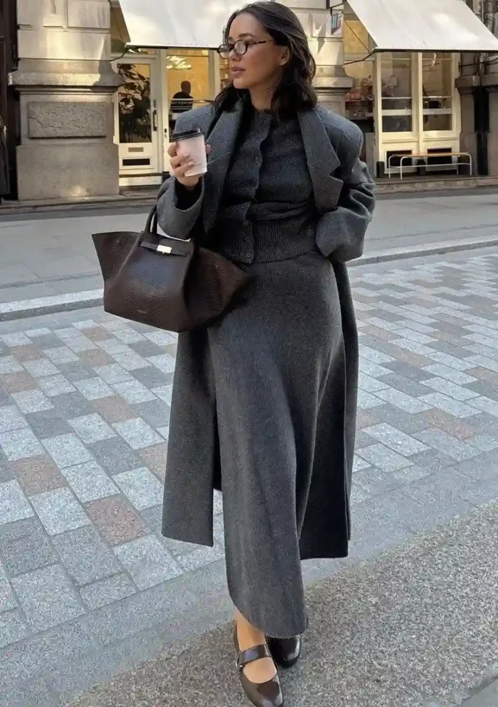 Monochrome Grey Coat, Cardigan and Skirt