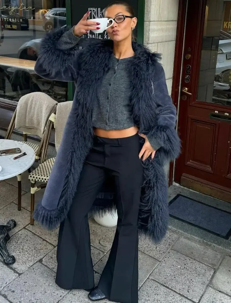Navy Fur Coat & Trousers
