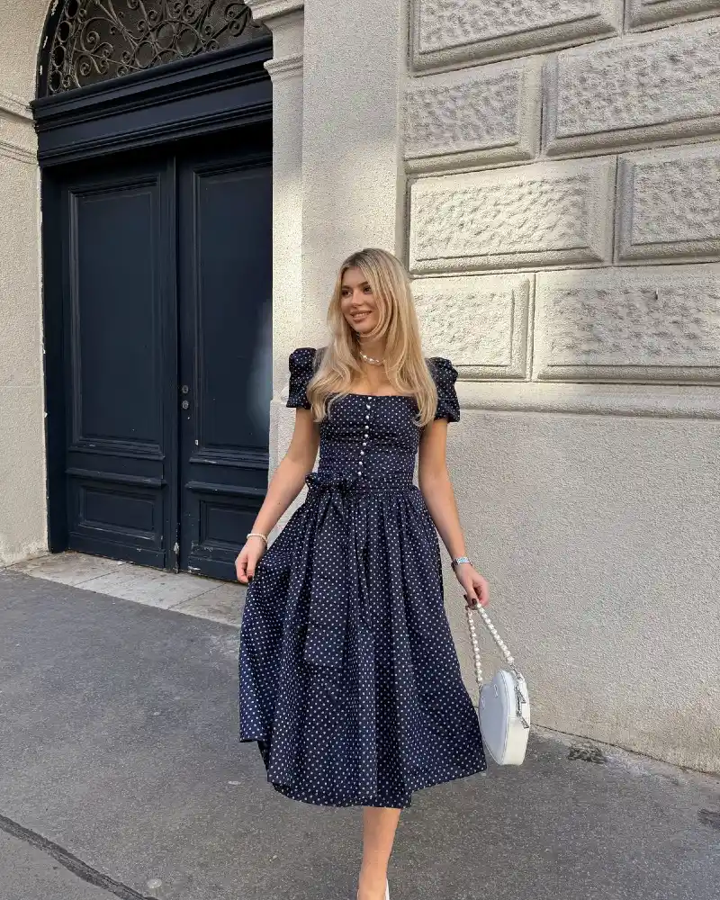 Navy Polka Dot Puff-Sleeve Dress