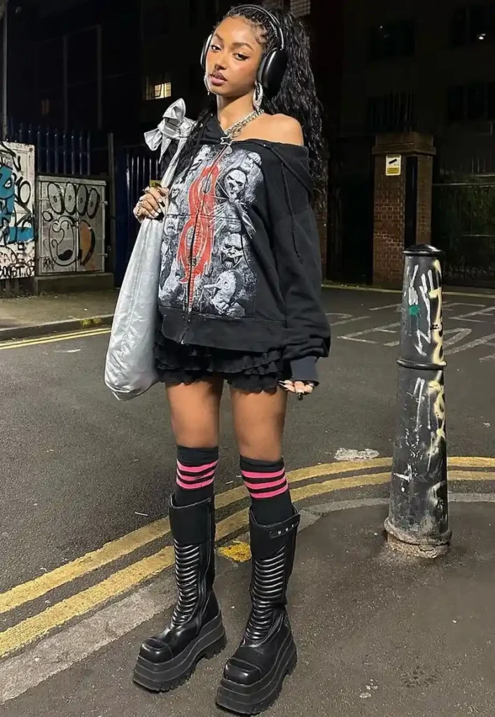 Off-Shoulder Graphic Hoodie with Lace Mini Skirt