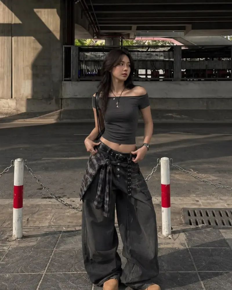 Off-Shoulder Top and Oversized Carpenter Jeans