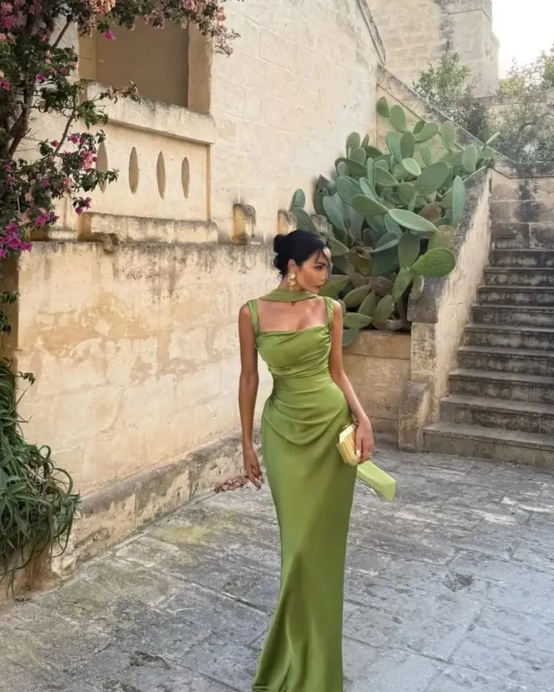 Olive Green Draped Gown