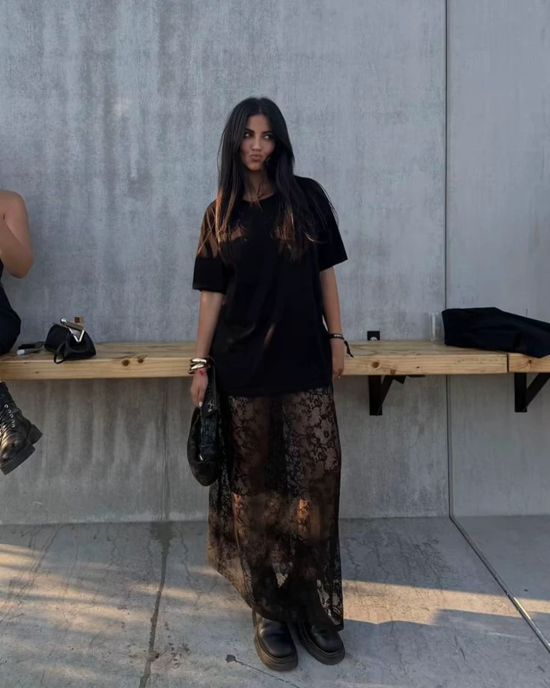 Oversized Black Tee With a Lace Maxi Skirt