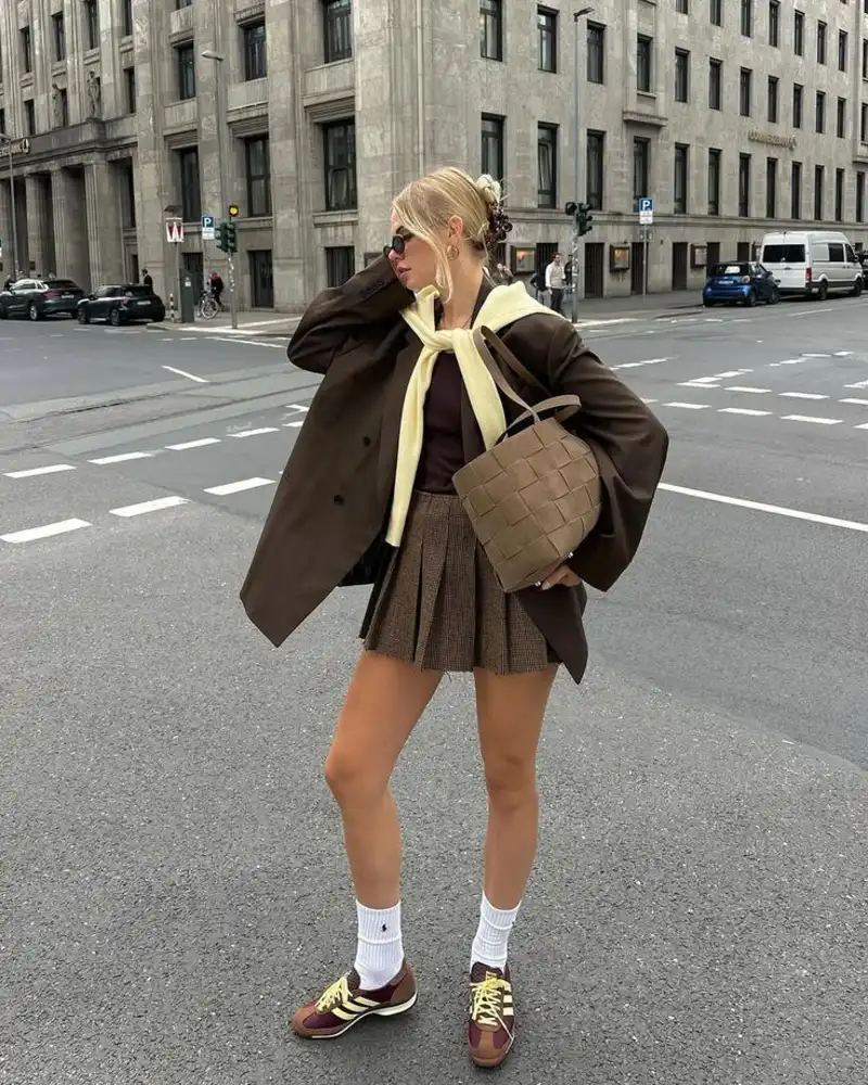 Oversized Brown Blazer with a Pleated Mini Skirt