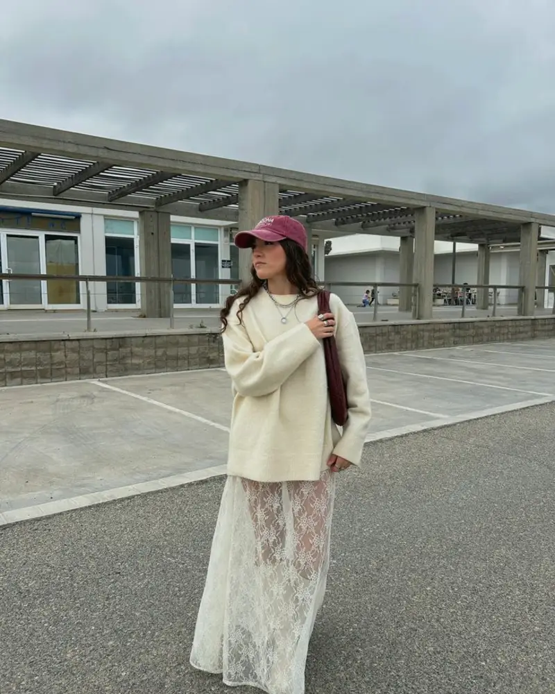  Oversized Cream Sweater + Sheer Lace Maxi Skirt