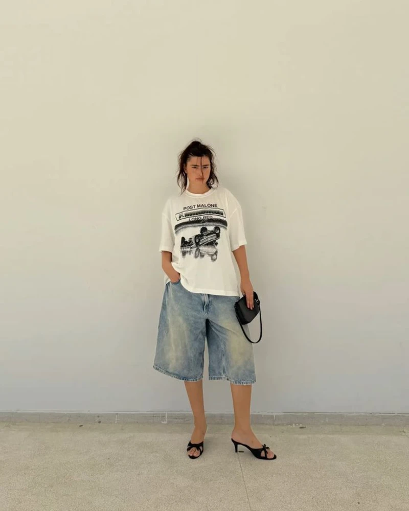 Oversized Graphic Tee and Denim Bermuda Shorts
