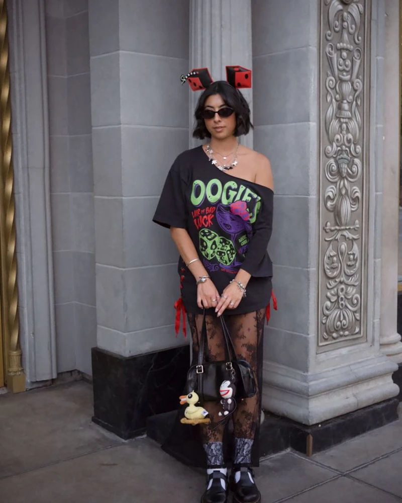  Oversized Graphic Tee with Sheer Lace Tights