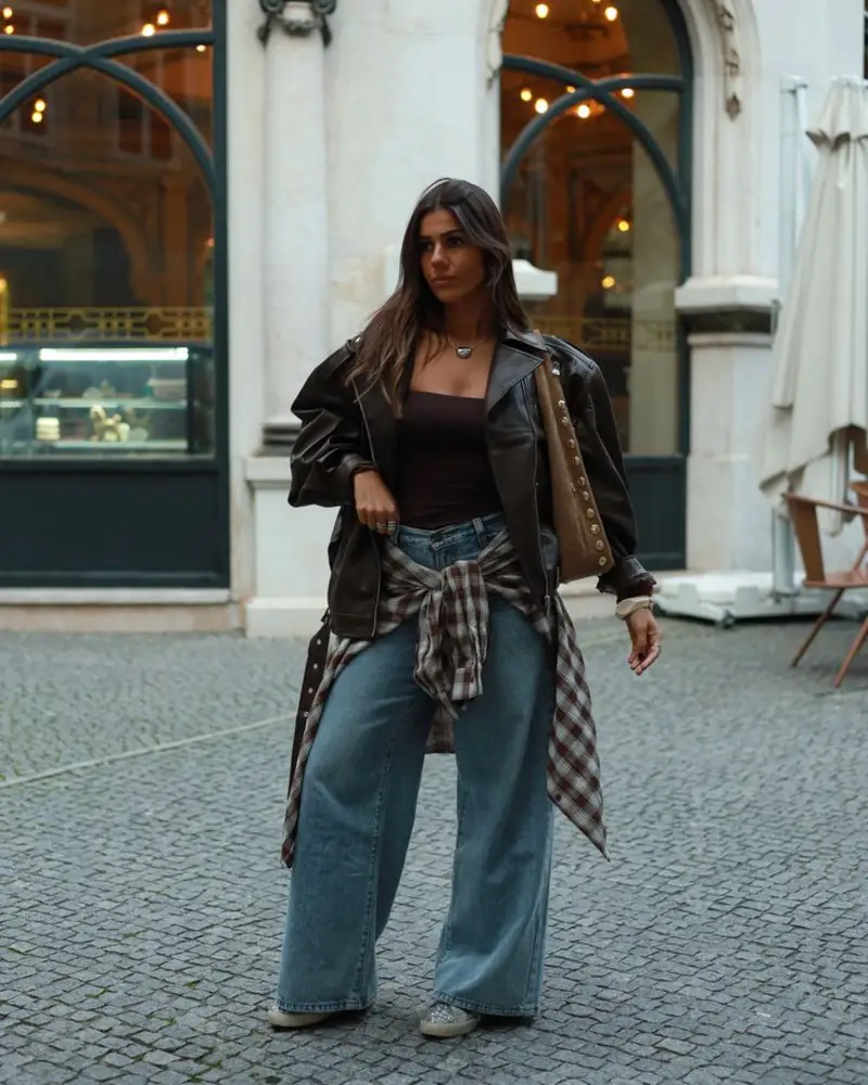  Oversized Leather Jacket + Tied Flannel + Wide Jeans