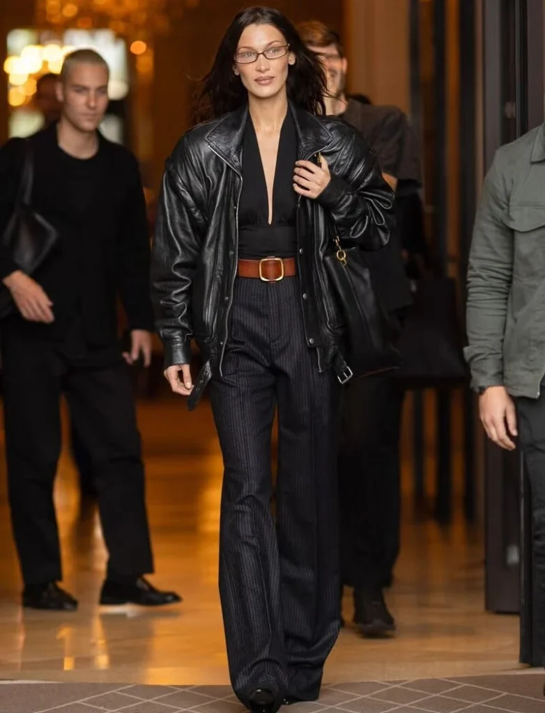 Oversized Leather Jacket With Pinstripe Trousers