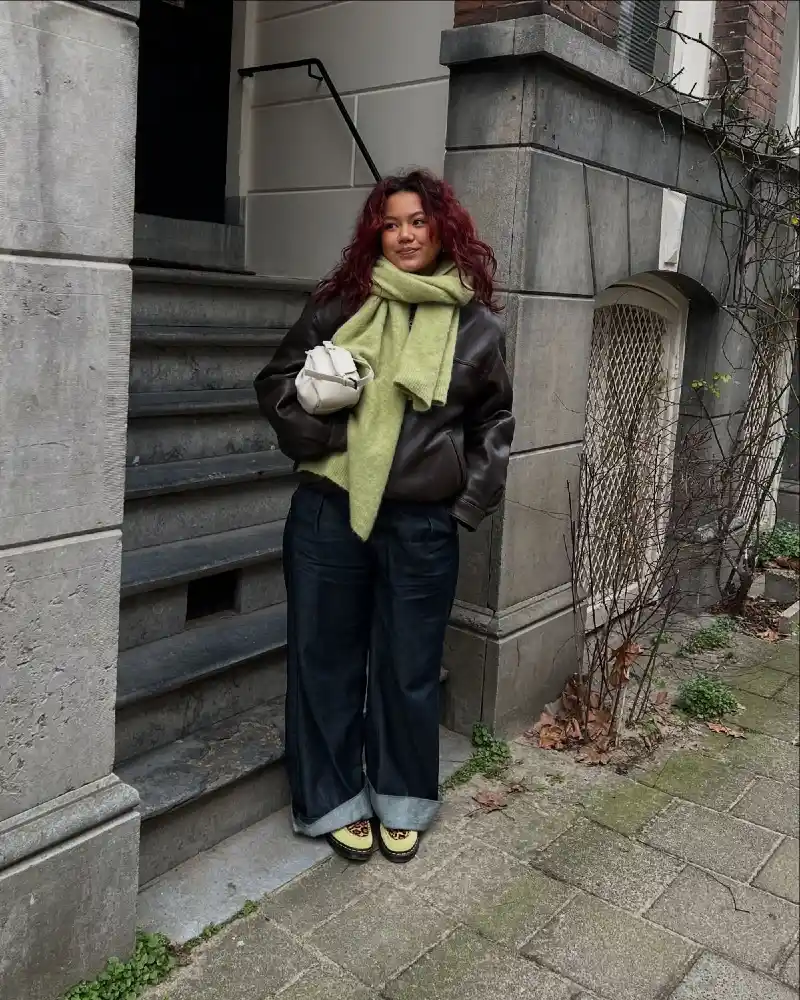 Oversized Leather Jacket and Lime Scarf