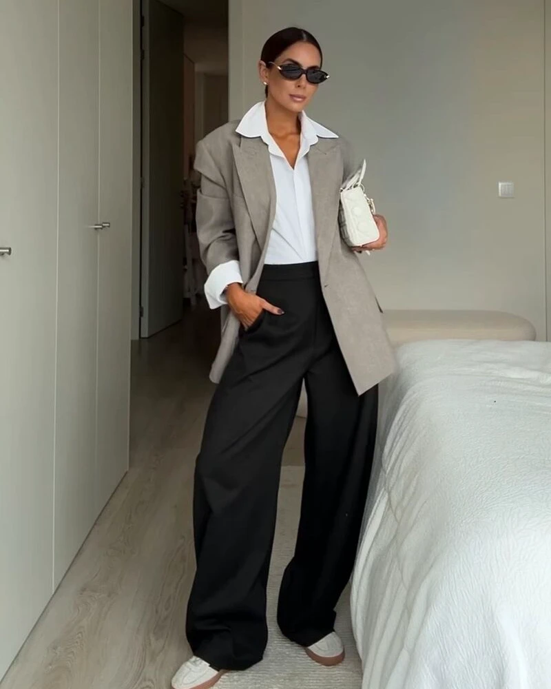 Oversized Taupe Blazer + Popped Collar + Black Trousers
