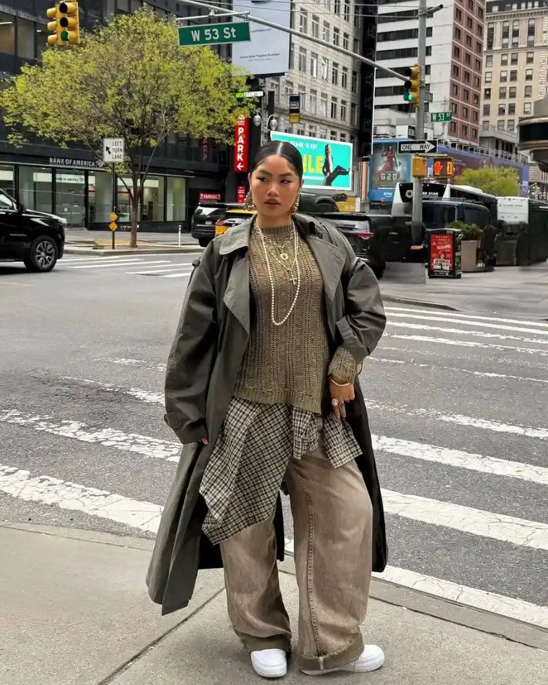 Oversized Trench + Knit Sweater + Plaid Underlayer + Faded Cargo