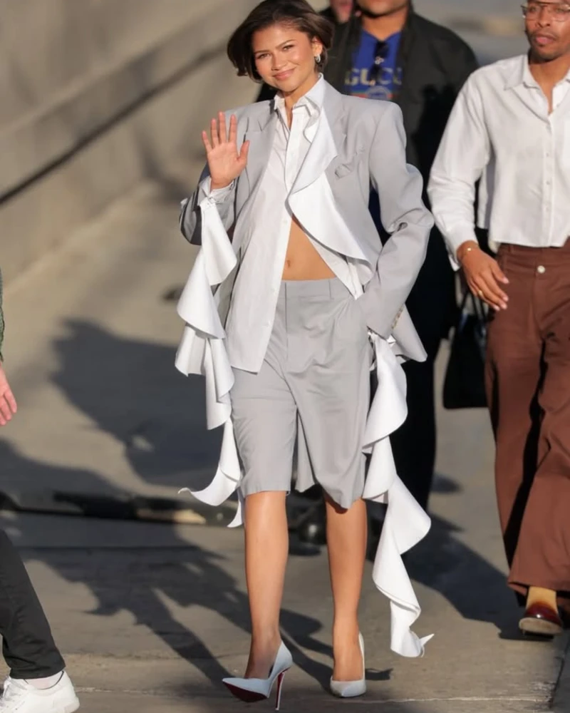 Pale Gray Shorts Suit With Cascading White Layers