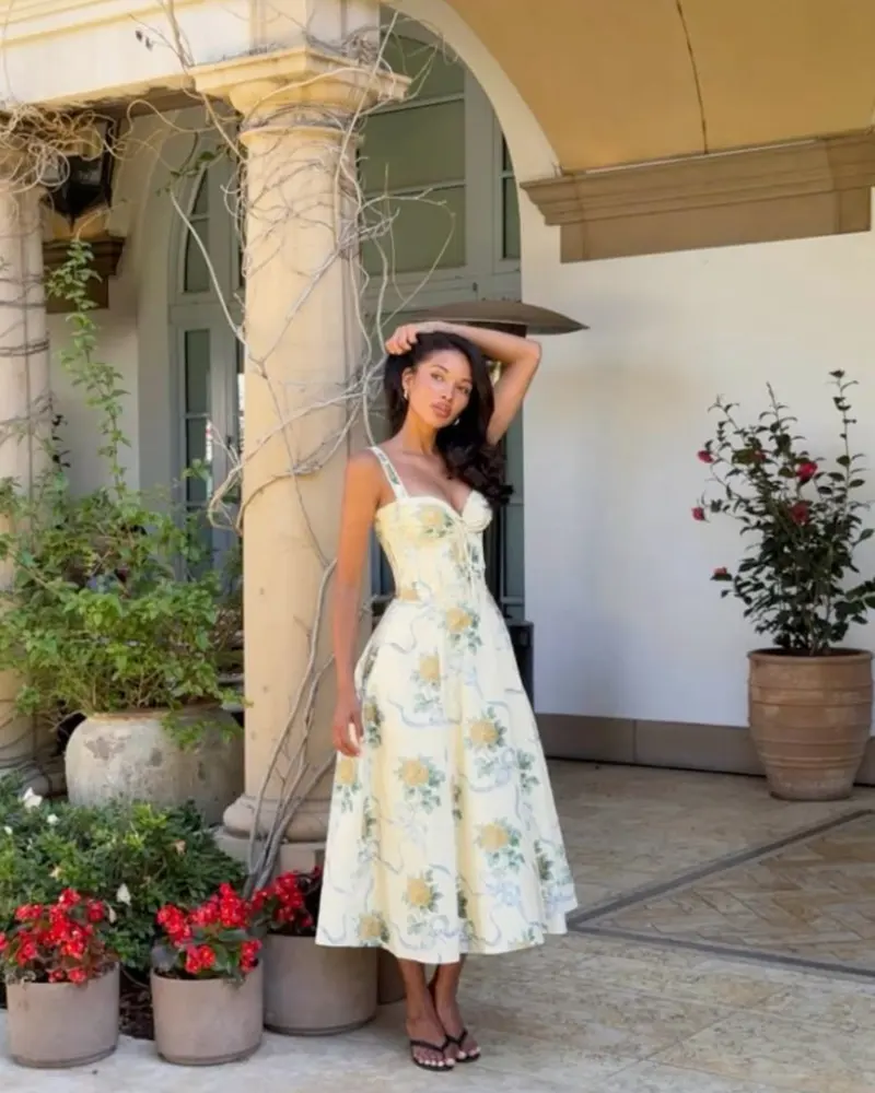 Pale Yellow Floral Corset Midi Dress