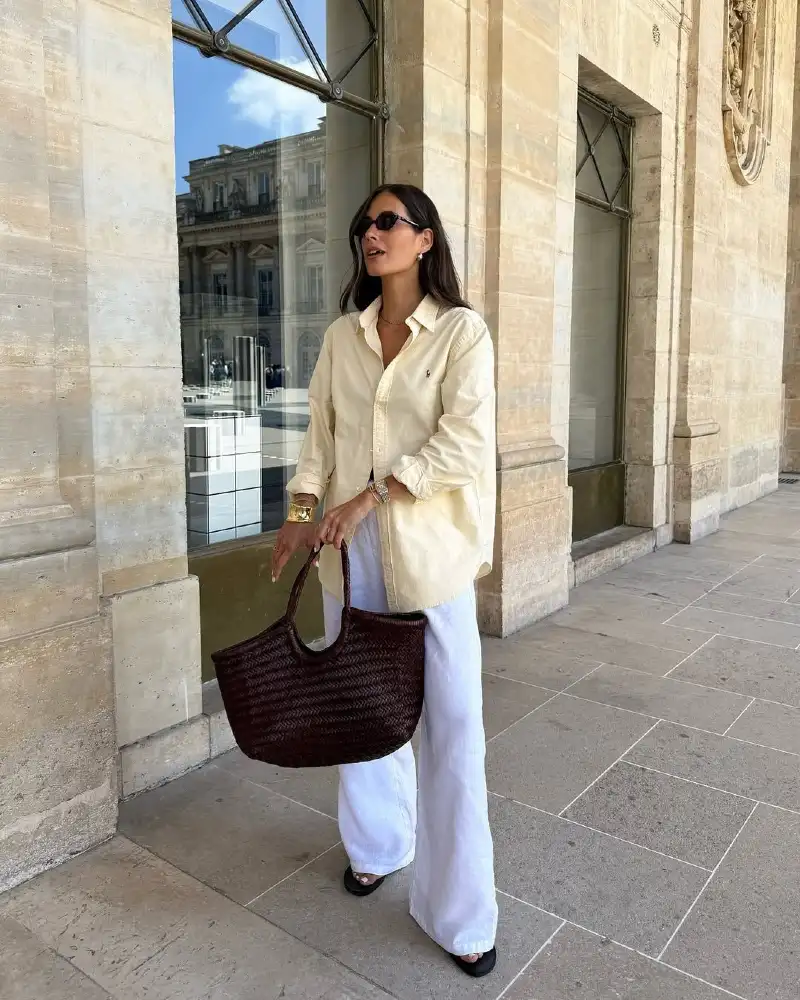 Pale Yellow Shirt and White Wide-Leg Trousers