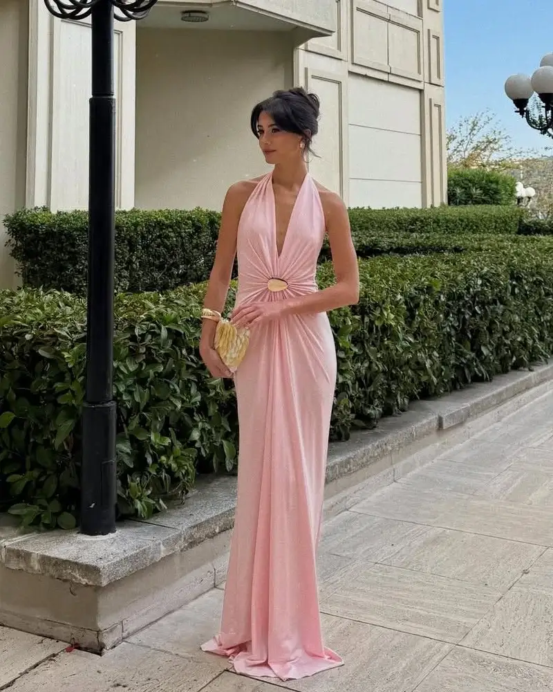  Pink Halter Gown with Gold Buckle