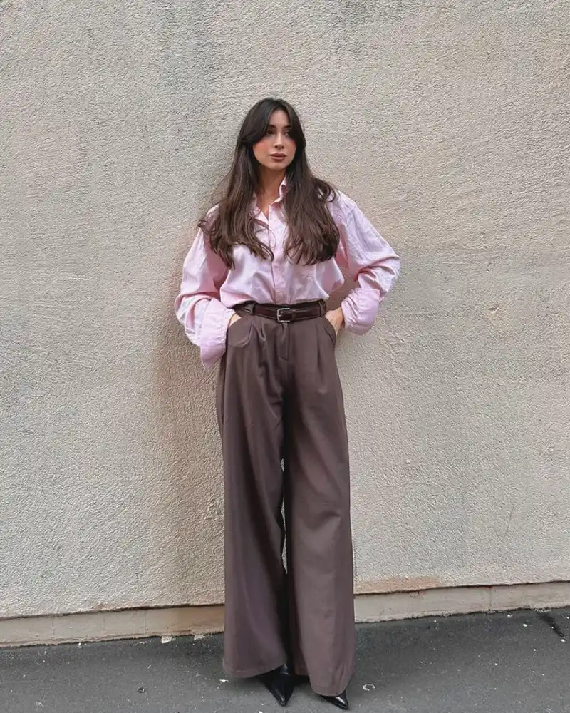  Pink Shirt + Brown Wide-Leg Trousers