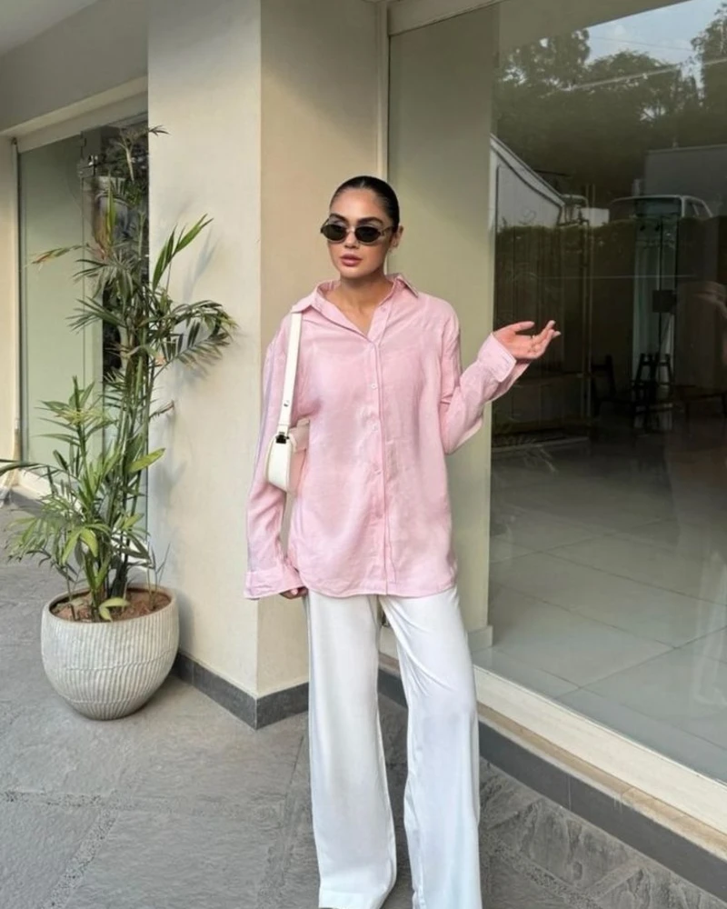 Pink Shirt and White Wide-Leg Trousers