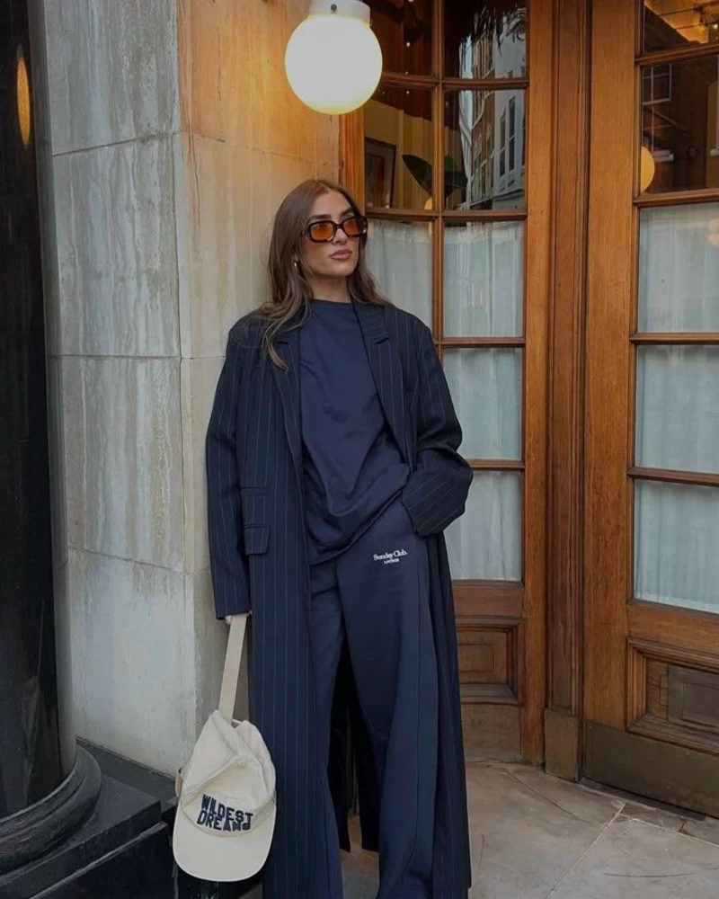 Pinstripe Coat Over Matching Sweats