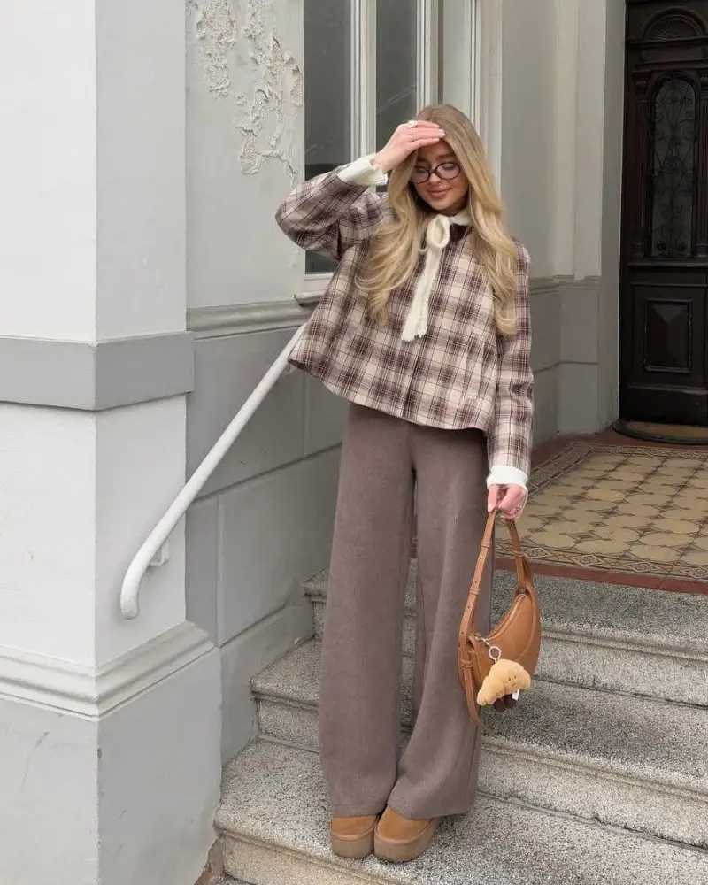 Plaid Jacket + Taupe Wide-Leg Pants