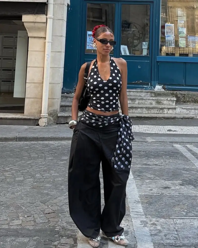 Polka Dot Halter & Black Trousers